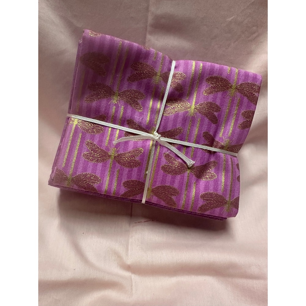 8 Fat Quarters Purple Gold Metallic Fabric Bundle Dragonfly Floral Quilt Cotton
